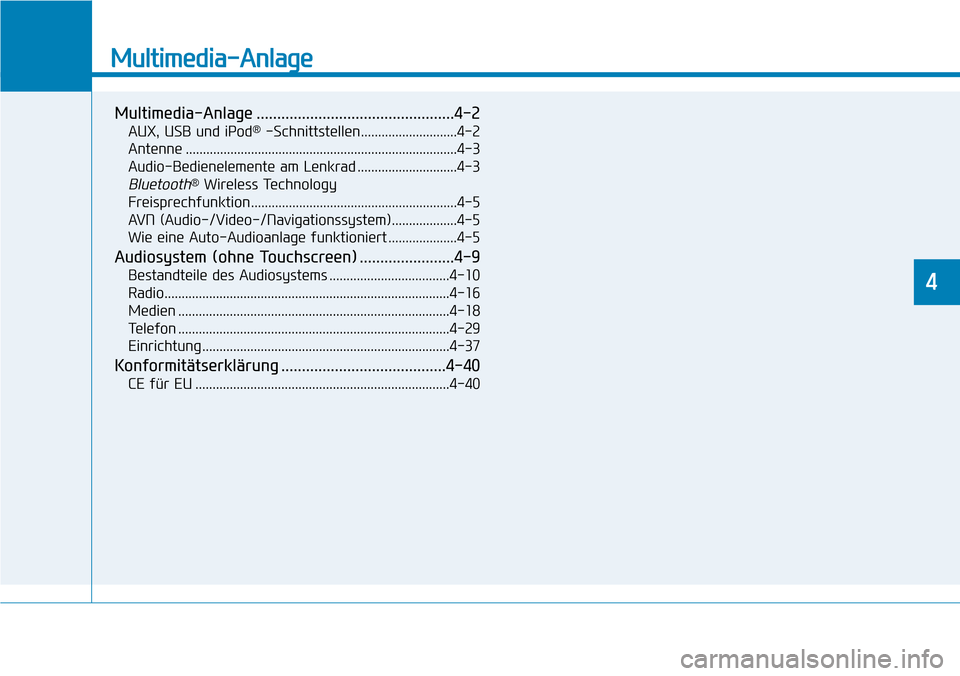 Hyundai Kona 2018 Betriebsanleitung (in German) Multimedia-Anlage
Multimedia-Anlage ................................................4-2AUX, USB und iPod ®
-Schnittstellen............................4-2
Antenne ..................................... Hyundai Kona 2018 Betriebsanleitung (in German) Multimedia-Anlage
Multimedia-Anlage ................................................4-2AUX, USB und iPod ®
-Schnittstellen............................4-2
Antenne .....................................