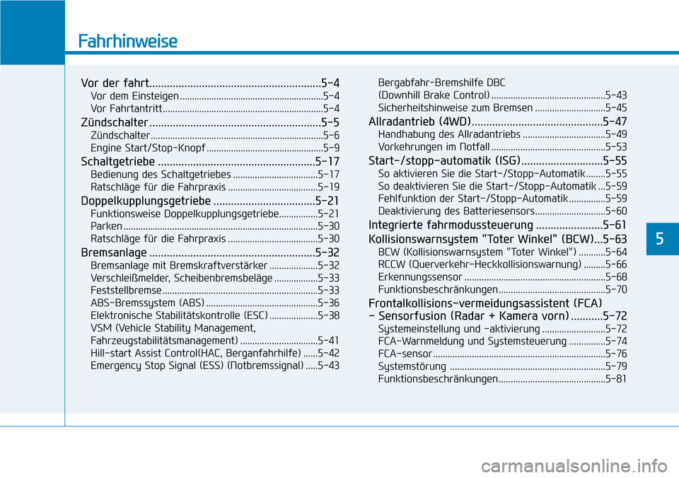 Hyundai Kona 2018  Betriebsanleitung (in German) Fahrhinweise
Vor der fahrt...........................................................5-4Vor dem Einsteigen ...........................................................5-4 
Vor Fahrtantritt ............
