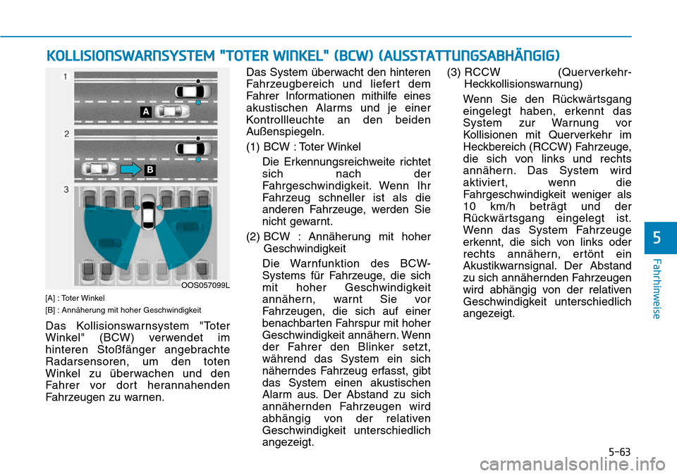 Hyundai Kona 2018  Betriebsanleitung (in German) 5-63
Fahrhinweise
5
KOLLISIONSWARNSYSTEM "TOTER WINKEL" (BCW) (AUSSTATTUNGSABHÄNGIG)
[A] : Toter Winkel 
[B] : Ann