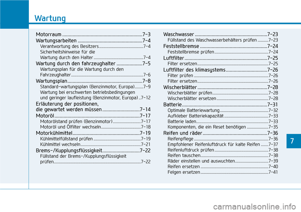 Hyundai Kona 2018  Betriebsanleitung (in German) 7
Wartung
7
Wartung
Motorraum ..............................................................7-3 
Wartungsarbeiten ..................................................7-4Verantwortung des Besitzers .....