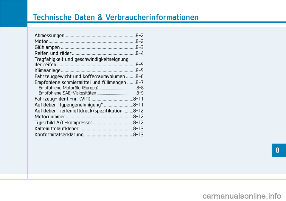 Hyundai Kona 2018  Betriebsanleitung (in German) 8
Technische Daten & Verbraucherinformationen
8
Technische Daten & Verbraucherinformationen
8
Abmessungen..........................................................8-2 
Motor ..........................