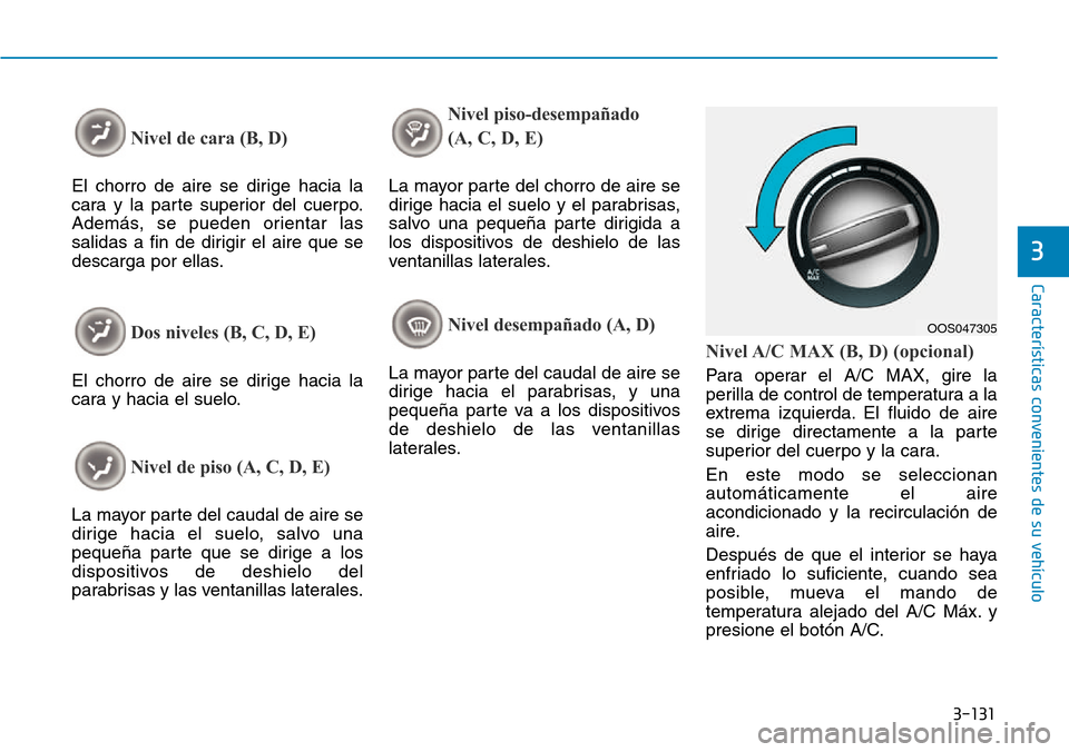 Hyundai Kona 2018  Manual del propietario (in Spanish) 3-131
Características convenientes de su vehículo
3
Nivel de cara (B, D)
El chorro de aire se dirige hacia la 
cara y la parte superior del cuerpo.
Además, se pueden orientar las
salidas a fin de d
