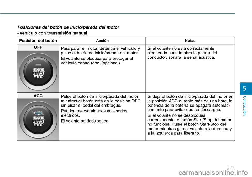 Hyundai Kona 2018  Manual del propietario (in Spanish) 5-11
Conducción
5
Posiciones del bot