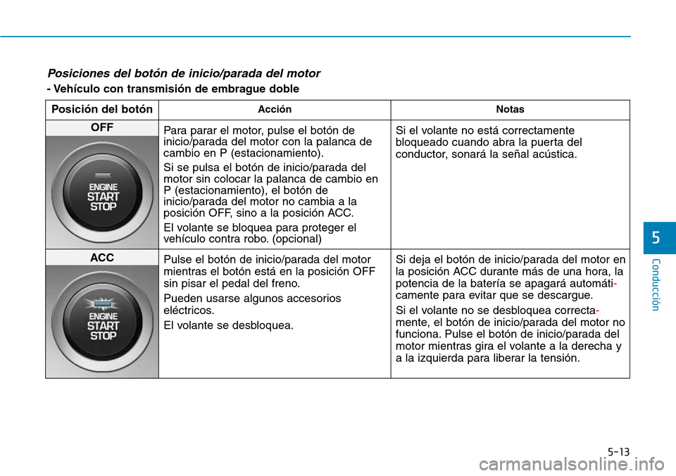 Hyundai Kona 2018  Manual del propietario (in Spanish) 5-13
Conducción
5
Posiciones del bot