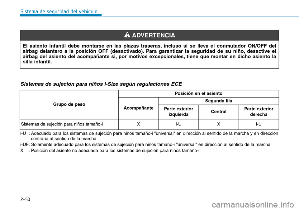 Hyundai Kona 2018  Manual del propietario (in Spanish) 2-50
Sistema de seguridad del vehículo
El asiento infantil debe montarse en las plazas traseras, incluso si se lleva el conmutador ON/OFF del 
airbag delantero a la posici