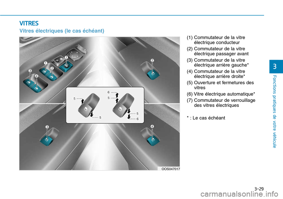Hyundai Kona 2018  Manuel du propriétaire (in French) 3-29
Fonctions pratiques de votre véhicule 
3
(1) Commutateur de la vitreélectrique conducteur
(2) Commutateur de la vitre électrique passager avant
(3) Commutateur de la vitre électrique arrière
