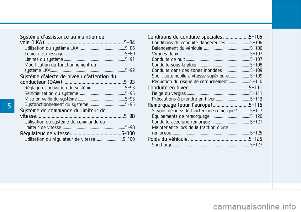 Hyundai Kona 2018 Manuel du propriétaire (in French) 5
Système dassistance au maintien de
voie (LKA) ............................................................5-84Utilisation du système LKA .........................................5-86
Témoin Hyundai Kona 2018 Manuel du propriétaire (in French) 5
Système dassistance au maintien de
voie (LKA) ............................................................5-84Utilisation du système LKA .........................................5-86
Témoin