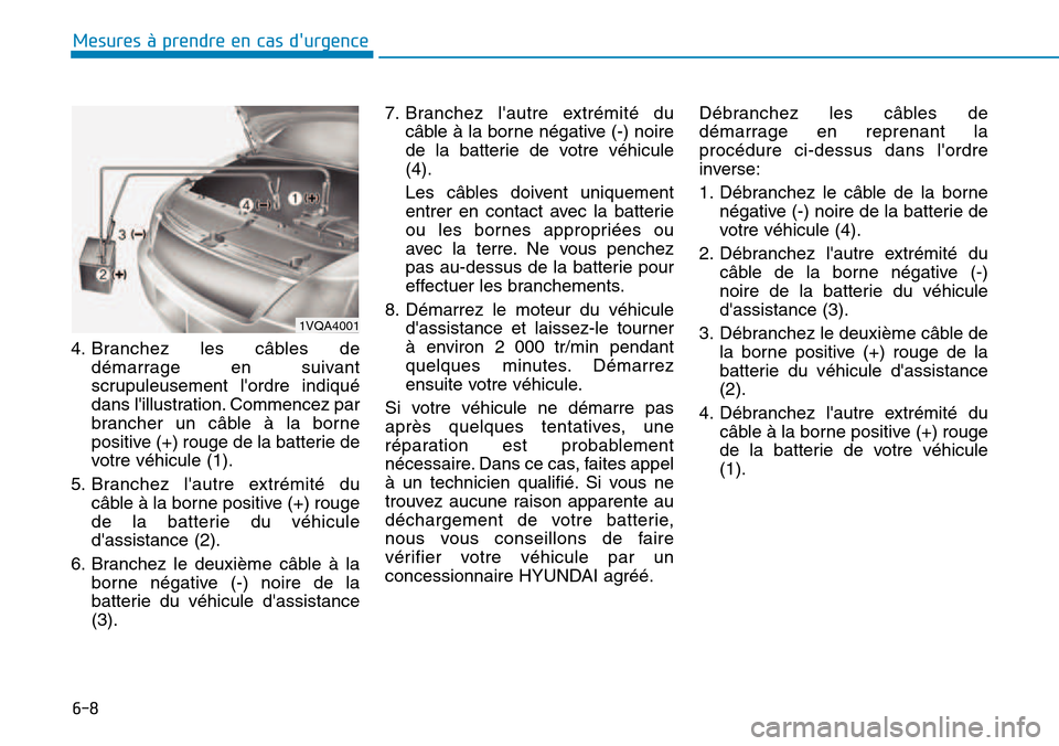 Hyundai Kona 2018  Manuel du propriétaire (in French) 6-8
Mesures à prendre en cas durgence 
4. Branchez les câbles dedémarrage en suivant 
scrupuleusement lordre indiqué
dans lillustration. Commencez par
brancher un câble 