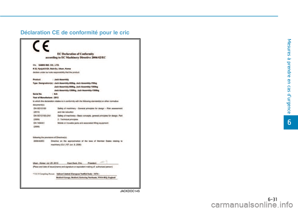 Hyundai Kona 2018  Manuel du propriétaire (in French) 6-31
Mesures à prendre en cas durgence 
6
D