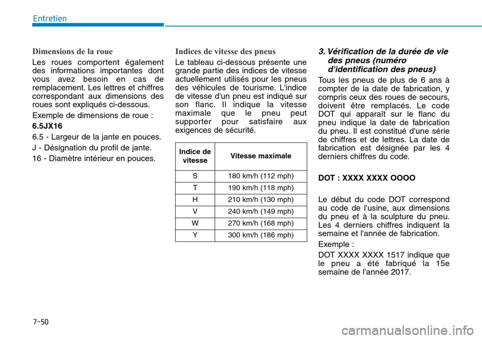 Hyundai Kona 2018  Manuel du propriétaire (in French) 7-50
Entretien
Dimensions de la roue
Les roues comportent également 
des informations importantes dont
vous avez besoin en cas de
remplacement. Les lettres et chiffrescorrespondant aux dimensions des