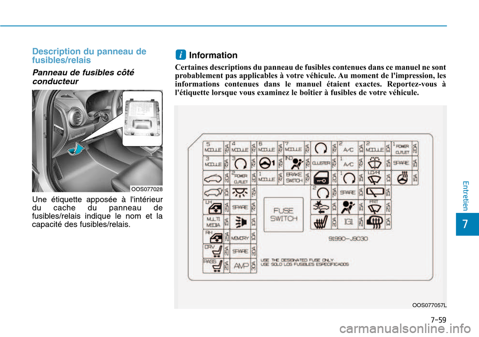 Hyundai Kona 2018  Manuel du propriétaire (in French) 7-59
7
Entretien
Description du panneau de 
fusibles/relais 
Panneau de fusibles côt