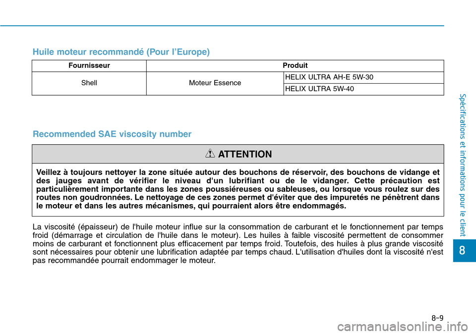 Hyundai Kona 2018  Manuel du propriétaire (in French) 8-9
8
Spécifications et informations pour le client
Huile moteur recommand