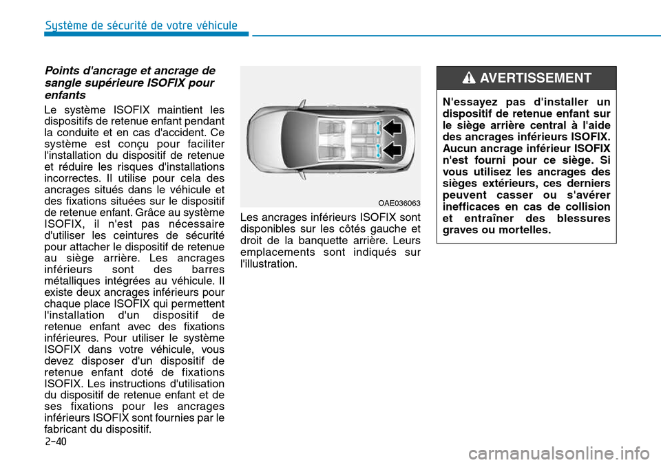 Hyundai Kona 2018  Manuel du propriétaire (in French) 2-40
Système de sécurité de votre véhicule 
Points dancrage et ancrage desangle sup