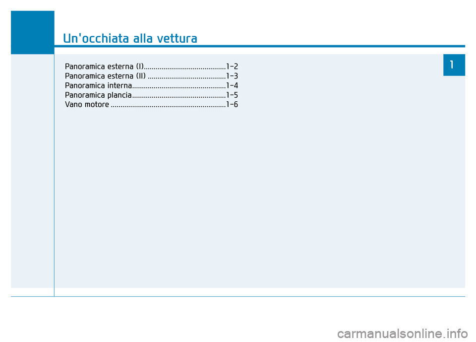 Hyundai Kona 2018  Manuale del proprietario (in Italian) Unocchiata alla vettura
1
Unocchiata alla vettura
1Panoramica esterna (I)..........................................1-2 
Panoramica esterna (II) ........................................1-3
Panoramica