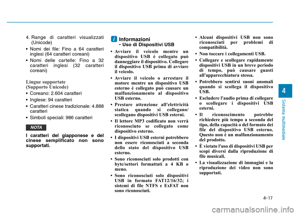 Hyundai Kona 2018  Manuale del proprietario (in Italian) 4-17
Sistema multimediale
4
4. Range di caratteri visualizzati(Unicode)
• Nomi dei file: Fino a 64 caratteri inglesi (64 caratteri coreani)
• Nomi delle cartelle: Fino a 32 caratteri inglesi (32 c