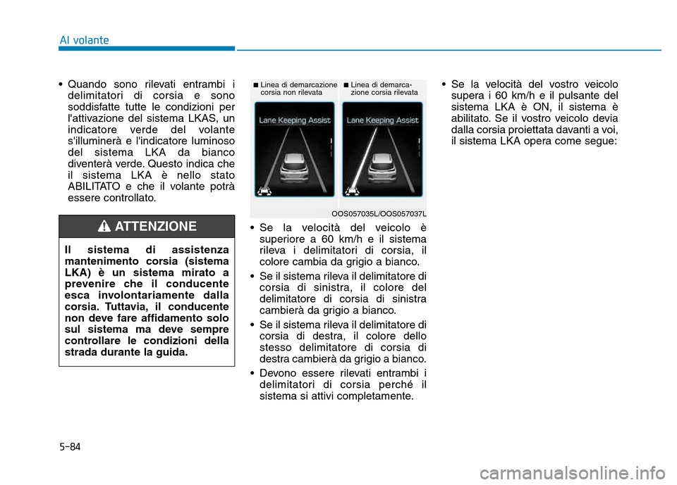 Hyundai Kona 2018  Manuale del proprietario (in Italian) 5-84
Al volante
• Quando sono rilevati entrambi idelimitatori di corsia e sono 
soddisfatte tutte le condizioni per
lattivazione del sistema LKAS, un
indicatore verde del volantesilluminerà e li