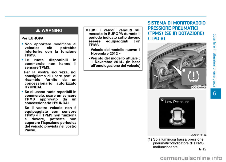 Hyundai Kona 2018  Manuale del proprietario (in Italian) 6-15
Cosa fare in situazioni di emergenza
6
(1) Spia luminosa bassa pressionepneumatico/Indicatore di TPMS malfunzionante
Per EUROPA
•Non apportare modifiche al 
veicolo; ci