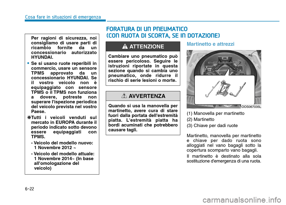 Hyundai Kona 2018  Manuale del proprietario (in Italian) 6-22
Cosa fare in situazioni di emergenza
Martinetto e attrezzi 
(1) Manovella per martinetto 
(2) Martinetto
(3) Chiave per dadi ruote 
Martinetto, manovella per martinetto 
e chiave per dado ruota s
