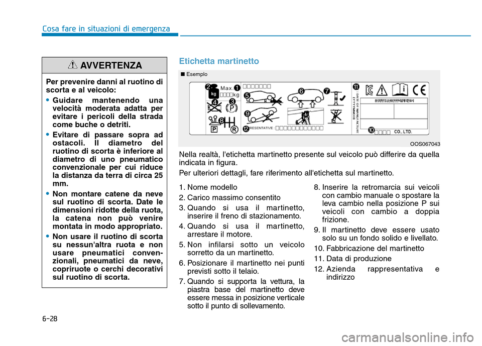 Hyundai Kona 2018  Manuale del proprietario (in Italian) 6-28
Cosa fare in situazioni di emergenza
Per prevenire danni al ruotino di 
scorta e al veicolo:
•Guidare mantenendo una velocità moderata adatta per
evitare i pericoli della strada
come buche o d