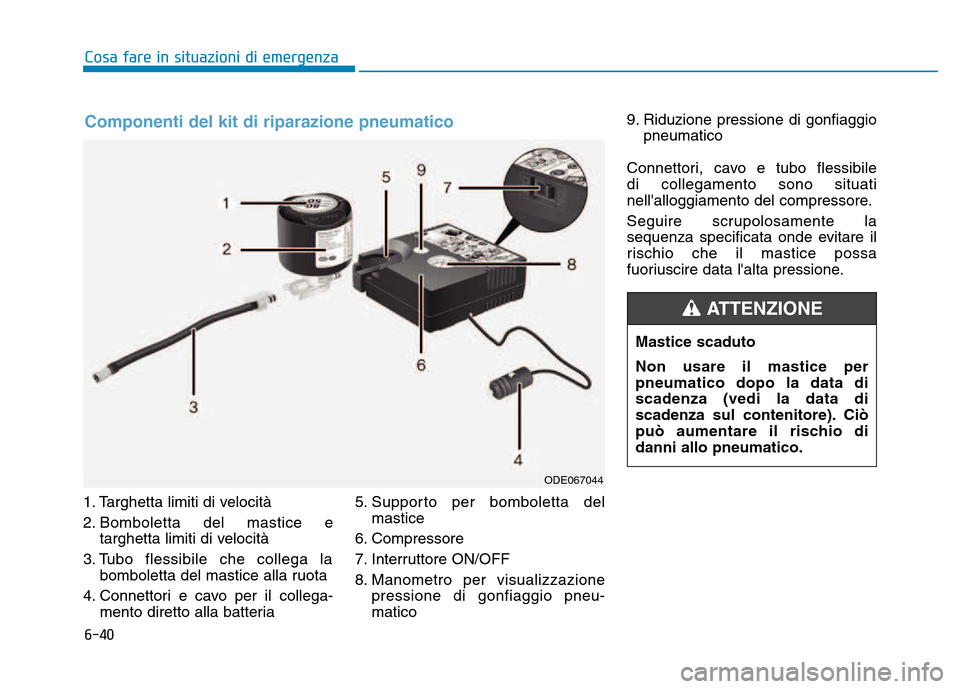 Hyundai Kona 2018  Manuale del proprietario (in Italian) 6-40
Cosa fare in situazioni di emergenza
1. Targhetta limiti di velocità  
2. Bomboletta del mastice etarghetta limiti di velocità 
3. Tubo flessibile che collega la bomboletta del mastice alla ruo