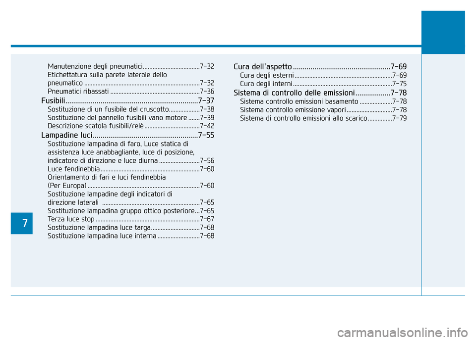 Hyundai Kona 2018  Manuale del proprietario (in Italian) 7
Manutenzione degli pneumatici...................................7-32 
Etichettatura sulla parete laterale dello 
pneumatico .......................................................................7-3