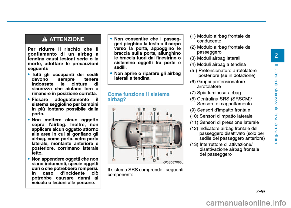 Hyundai Kona 2018  Manuale del proprietario (in Italian) 2-53
Il sistema di sicurezza della vostra vettura
2
Come funziona il sistema 
airbag?
Il sistema SRS comprende i seguenti componenti:(1) Modulo airbag frontale del
conducente
(2) Modulo airbag frontal