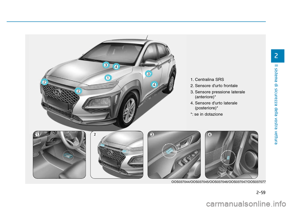 Hyundai Kona 2018  Manuale del proprietario (in Italian) 2-59
Il sistema di sicurezza della vostra vettura
2
1. Centralina SRS 
2. Sensore durto frontale
3. Sensore pressione laterale(anteriore)*
4. Sensore durto laterale  (posteriore)*
*: se in dotazione