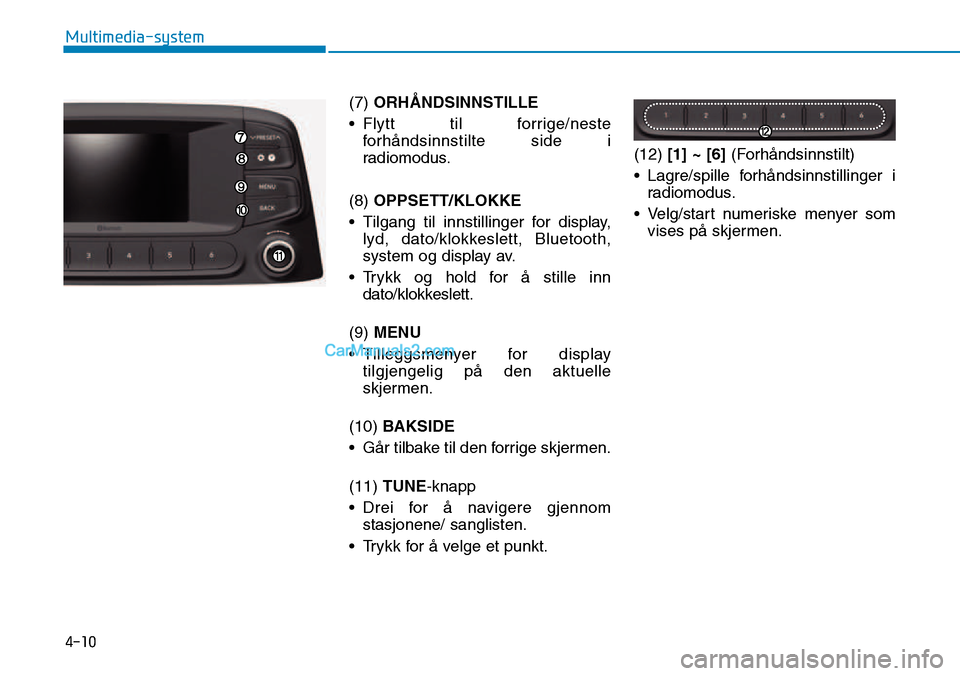 Hyundai Kona 2018  Brukerhåndbok (in Norwegian) 4-10
Multimedia-system
(7) ORHÅNDSINNSTILLE
• Flytt til forrige/neste forh
