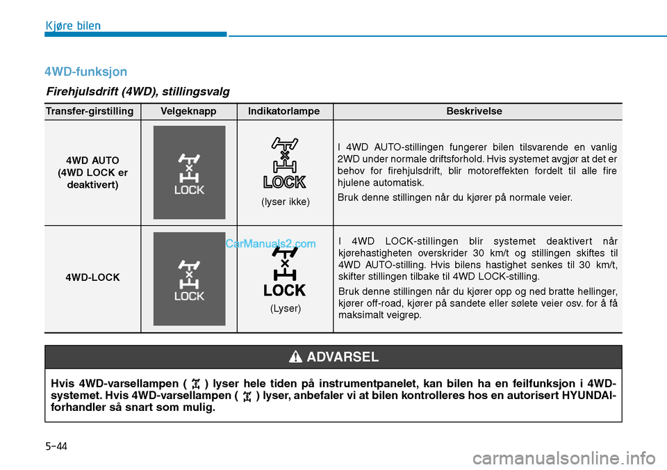 Hyundai Kona 2018  Brukerhåndbok (in Norwegian) 5-44
Kjøre bilen
4WD-funksjon
I 4WD LOCK-stillingen blir systemet deaktivert n