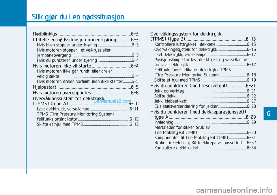 Hyundai Kona 2018  Brukerhåndbok (in Norwegian) Slik gjør du i en nødssituasjon
Nødblinklys ............................................................6-3 
I tilfelle en nødssituasjon under kjøring ............6-3Hvis bilen stopper under kjø