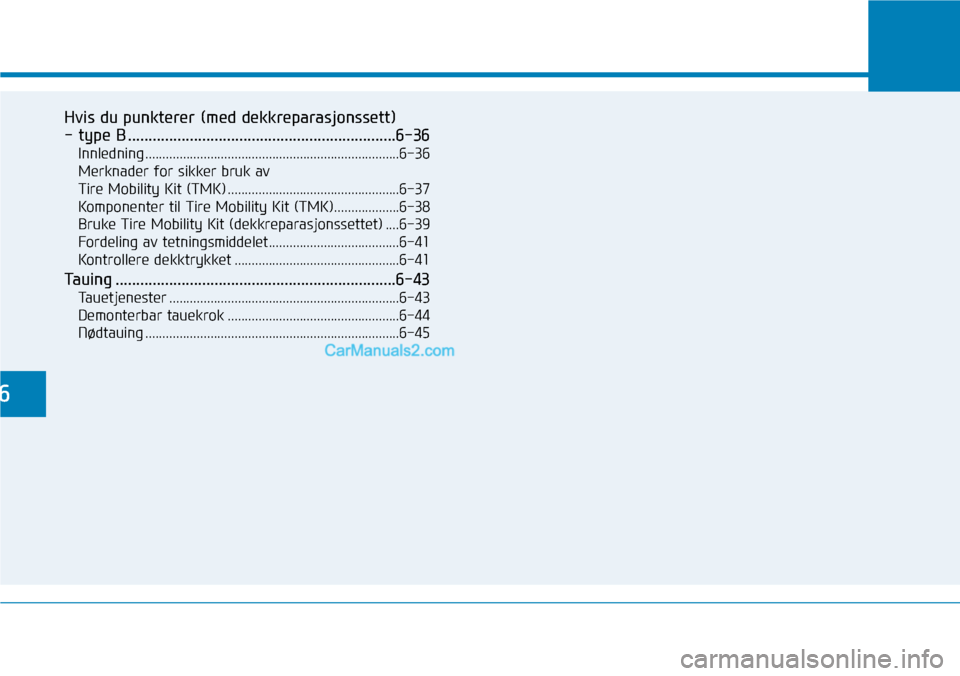 Hyundai Kona 2018  Brukerhåndbok (in Norwegian) Hvis du punkterer (med dekkreparasjonssett)  
- type B .................................................................6-36Innledning .................................................................