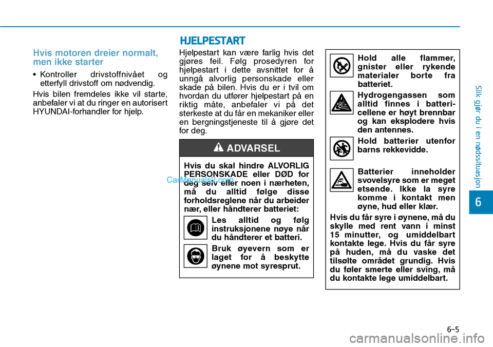 Hyundai Kona 2018  Brukerhåndbok (in Norwegian) 6-5
Slik gjør du i en nødssituasjon
6
Hvis motoren dreier normalt, 
men ikke starter
• Kontroller drivstoffniv