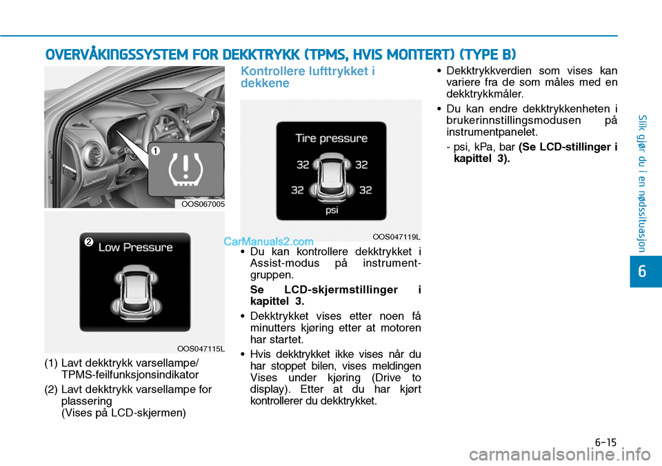 Hyundai Kona 2018  Brukerhåndbok (in Norwegian) 6-15
Slik gjør du i en nødssituasjon
6
(1) Lavt dekktrykk varsellampe/TPMS-feilfunksjonsindikator
(2) Lavt dekktrykk varsellampe for plassering  
(Vises p
