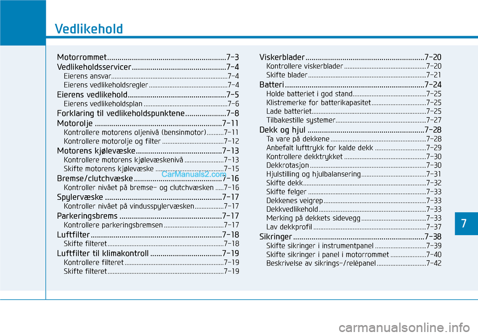 Hyundai Kona 2018 Brukerhåndbok (in Norwegian) 7
Vedlikehold
7
Vedlikehold
Motorrommet ..........................................................7-3
Vedlikeholdsservicer ..............................................7-4Eierens ansvar............. Hyundai Kona 2018 Brukerhåndbok (in Norwegian) 7
Vedlikehold
7
Vedlikehold
Motorrommet ..........................................................7-3
Vedlikeholdsservicer ..............................................7-4Eierens ansvar.............