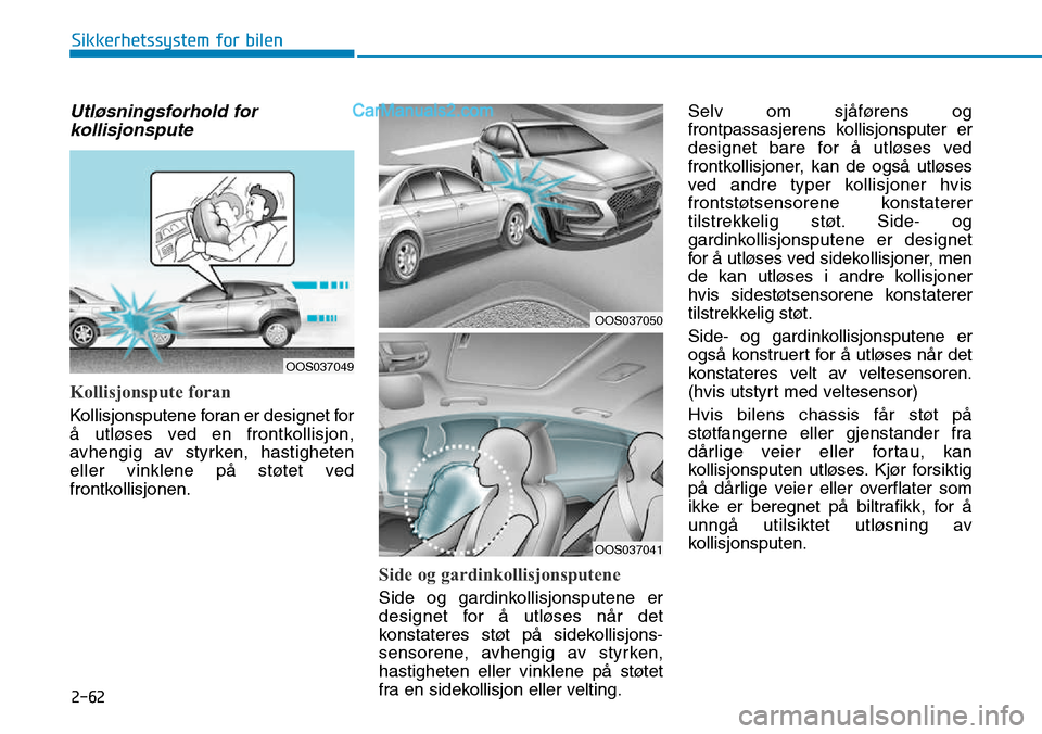 Hyundai Kona 2018  Brukerhåndbok (in Norwegian) 2-62
Sikkerhetssystem for bilen
Utløsningsforhold forkollisjonspute
Kollisjonspute foran
Kollisjonsputene foran er designet for 
