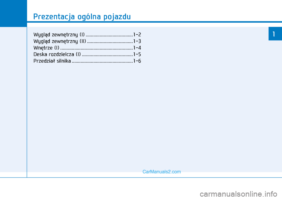 Hyundai Kona 2018  Instrukcja Obsługi (in Polish) Prezentacja ogólna pojazdu
1
Prezentacja ogólna pojazdu
1Wygląd zewnętrzny (I) .....................................1-2
Wygląd zewnętrzny (II) ....................................1-3
Wnętrze (I
