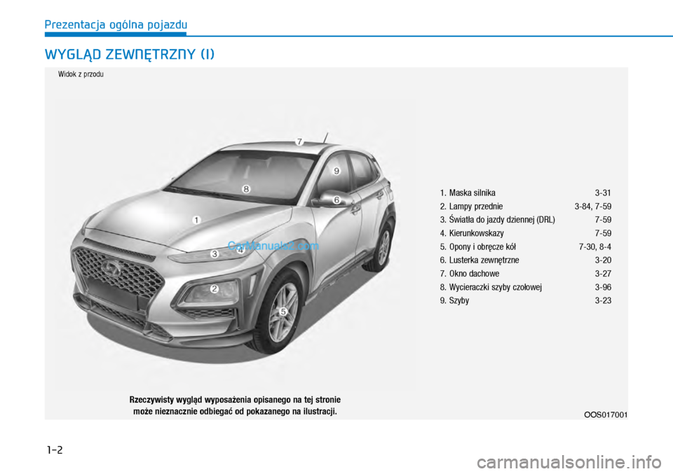 Hyundai Kona 2018  Instrukcja Obsługi (in Polish) 1-2
Prezentacja ogólna pojazdu
WYGLĄD ZEWNĘTRZNY (I)
 1. Maska silnika 3-31
 2. Lampy przednie 3-84, 7-59
 3. Światła do jazdy dziennej (DRL) 7-59
 4. Kierunkowskazy 7-59
 5. Opony i obręcze k