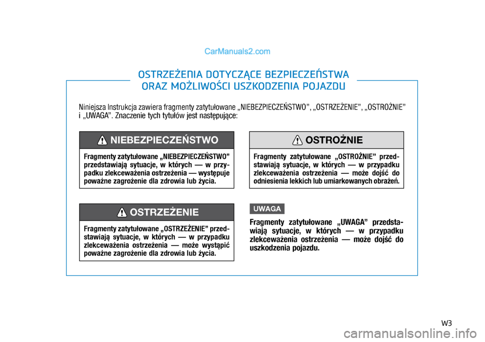 Hyundai Kona 2018  Instrukcja Obsługi (in Polish) W3
Niniejsza Instrukcja zawiera fragmenty zatytułowane „NIEBEZPIECZEŃSTWO”, „OSTRZEŻENIE”, „OSTROŻNIE” 
i „UWAGA”. Znaczenie tych tytułów jest następujące:
OSTRZEŻENIA DOTYCZ