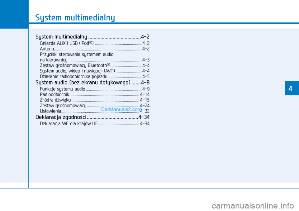 Hyundai Kona 2018 Instrukcja Obsługi (in Polish) System multimedialny
4
System multimedialny .......................................4-2
Gniazda AUX i USB (iPod®) ..............................................4-2
Antena ............................ Hyundai Kona 2018 Instrukcja Obsługi (in Polish) System multimedialny
4
System multimedialny .......................................4-2
Gniazda AUX i USB (iPod®) ..............................................4-2
Antena ............................