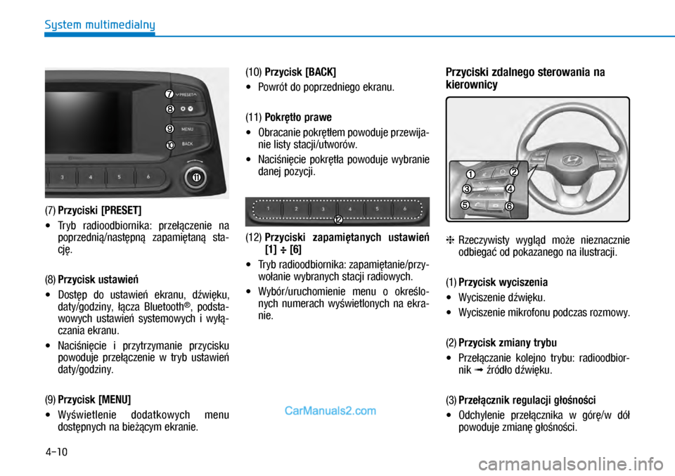 Hyundai Kona 2018  Instrukcja Obsługi (in Polish) 4-10
System multimedialny
(7) Przyciski [PRESET]
X�Tryb  radioodbiornika:  przełączenie  na 
poprzednią/następną  zapamiętaną  sta-
cję.
(8) Przycisk ustawień
X�Dostęp  do  ustawień  ek
