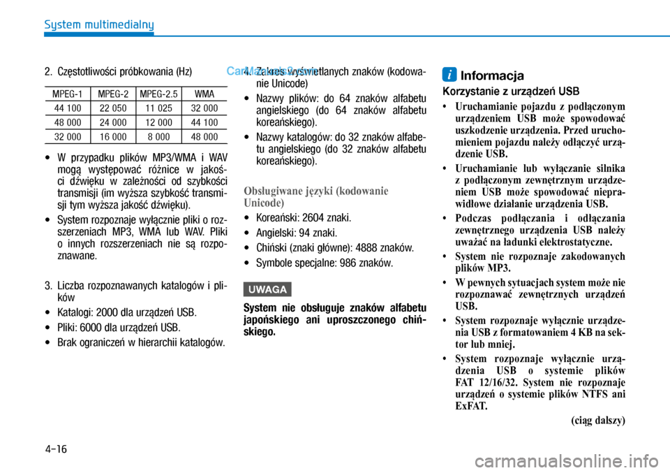 Hyundai Kona 2018  Instrukcja Obsługi (in Polish) 4-16
System multimedialny
2. Częstotliwości próbkowania (Hz)
MPEG-1 MPEG-2 MPEG-2.5 WMA
44 100 22 050 11 025 32 000
48 000 24 000 12 000 44 100
32 000 16 000 8 000 48 000
X�W przypadku  plików 