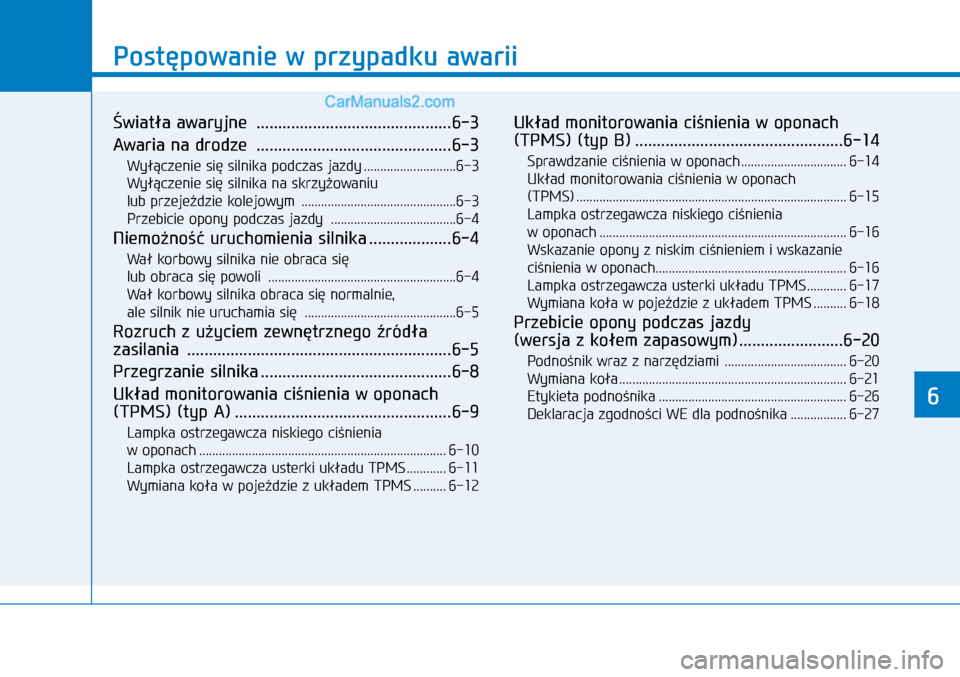 Hyundai Kona 2018 Instrukcja Obsługi (in Polish) Postępowanie w przypadku awarii
6
Światła awaryjne .............................................6-3
Awaria na drodze .............................................6-3
Wyłączenie się silnika po Hyundai Kona 2018 Instrukcja Obsługi (in Polish) Postępowanie w przypadku awarii
6
Światła awaryjne .............................................6-3
Awaria na drodze .............................................6-3
Wyłączenie się silnika po
