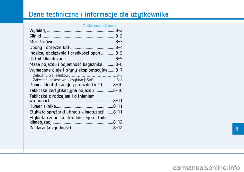 Hyundai Kona 2018 Instrukcja Obsługi (in Polish) 88
Dane techniczne i informacje dla użytkownika
8
Wymiary ..............................................................8-2
Silniki .................................................................. Hyundai Kona 2018 Instrukcja Obsługi (in Polish) 88
Dane techniczne i informacje dla użytkownika
8
Wymiary ..............................................................8-2
Silniki ..................................................................