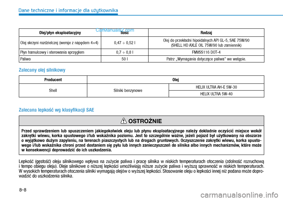 Hyundai Kona 2018 Instrukcja Obsługi (in Polish) 8-8
Dane techniczne i informacje dla użytkownika
Olej/płyn eksploatacyjnyIlośćRodzaj
Olej skrzyni rozdzielczej (wersje z napędem 4×4)0,47 ÷ 0,52 lOlej do przekładni hipoidalnych API GL-5, SAE Hyundai Kona 2018 Instrukcja Obsługi (in Polish) 8-8
Dane techniczne i informacje dla użytkownika
Olej/płyn eksploatacyjnyIlośćRodzaj
Olej skrzyni rozdzielczej (wersje z napędem 4×4)0,47 ÷ 0,52 lOlej do przekładni hipoidalnych API GL-5, SAE