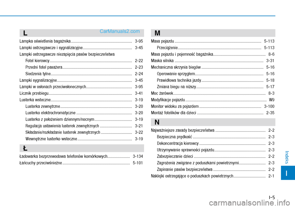 Hyundai Kona 2018 Instrukcja Obsługi (in Polish) I-5
I
Indeks
L
Lampka oświetlenia bagażnika ......................................................... 3-95
Lampki ostrzegawcze i sygnalizacyjne .............................................. 3-45 Hyundai Kona 2018 Instrukcja Obsługi (in Polish) I-5
I
Indeks
L
Lampka oświetlenia bagażnika ......................................................... 3-95
Lampki ostrzegawcze i sygnalizacyjne .............................................. 3-45