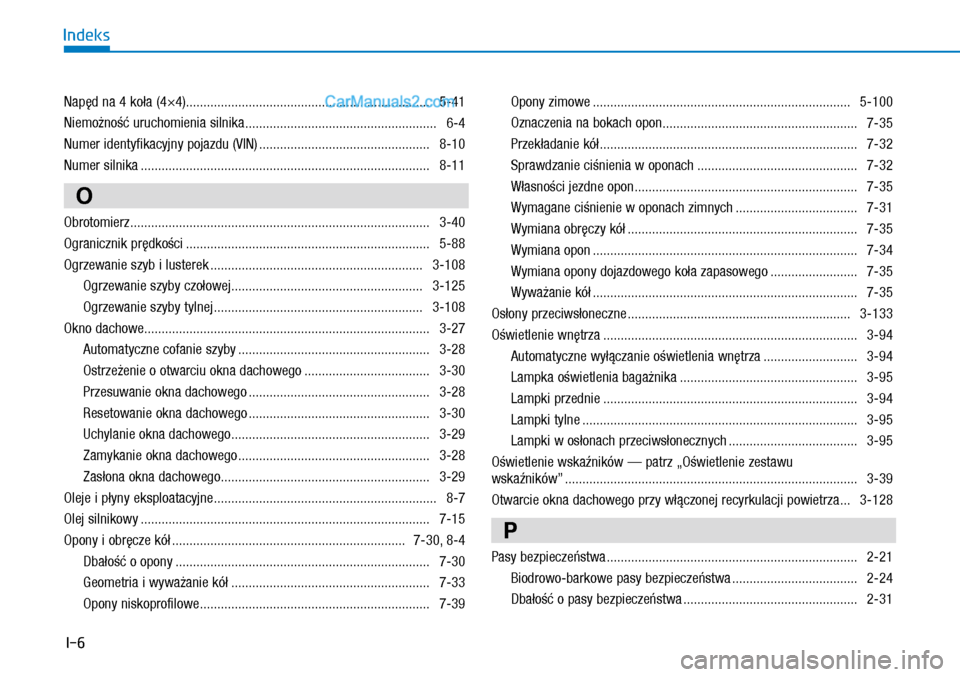 Hyundai Kona 2018 Instrukcja Obsługi (in Polish) I-6
Indeks
Napęd na 4 koła (4×4)...................................................................... 5-41
Niemożność uruchomienia silnika ..................................................... Hyundai Kona 2018 Instrukcja Obsługi (in Polish) I-6
Indeks
Napęd na 4 koła (4×4)...................................................................... 5-41
Niemożność uruchomienia silnika .....................................................