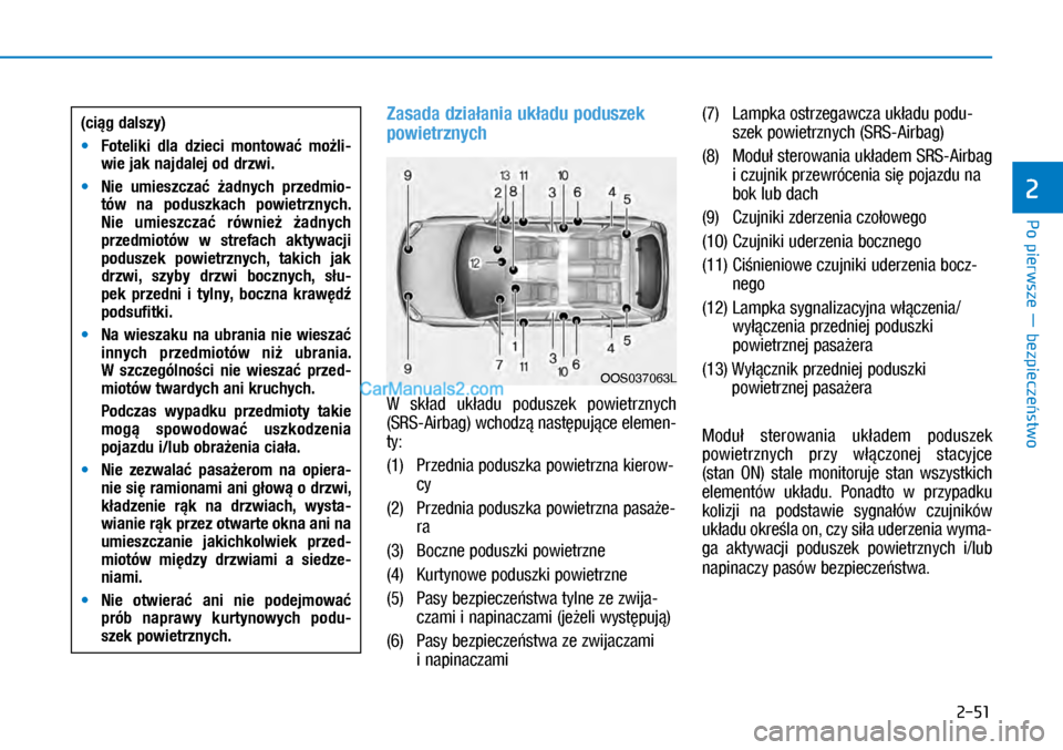 Hyundai Kona 2018 Instrukcja Obsługi (in Polish) Po pierwsze ― bezpieczeństwo
2
2-51
Zasada działania układu poduszek
powietrznych
W skład układu poduszek powietrznych
(SRS-Airbag) wchodzą następujące elemen-
ty:
(1) Przednia podus Hyundai Kona 2018 Instrukcja Obsługi (in Polish) Po pierwsze ― bezpieczeństwo
2
2-51
Zasada działania układu poduszek
powietrznych
W skład układu poduszek powietrznych
(SRS-Airbag) wchodzą następujące elemen-
ty:
(1) Przednia podus
