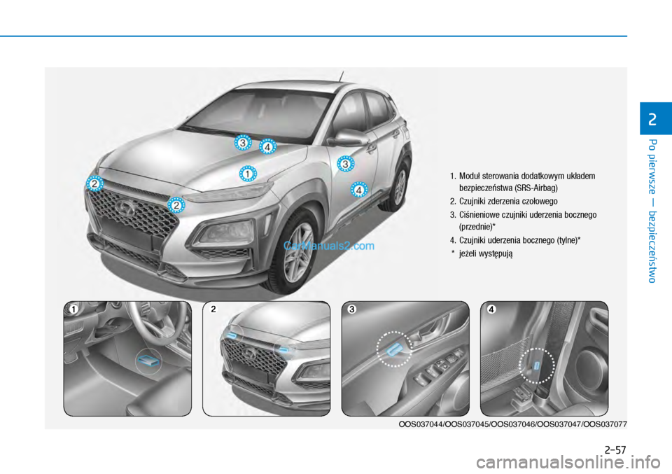 Hyundai Kona 2018  Instrukcja Obsługi (in Polish) Po pierwsze ― bezpieczeństwo
2
2-57
 1.   Moduł sterowania dodatkowym układem 
bezpieczeństwa (SRS-Airbag)
 2.  Czujniki zderzenia czołowego
 3.   Ciśnieniowe czujniki uderzenia bocznego 
(prz