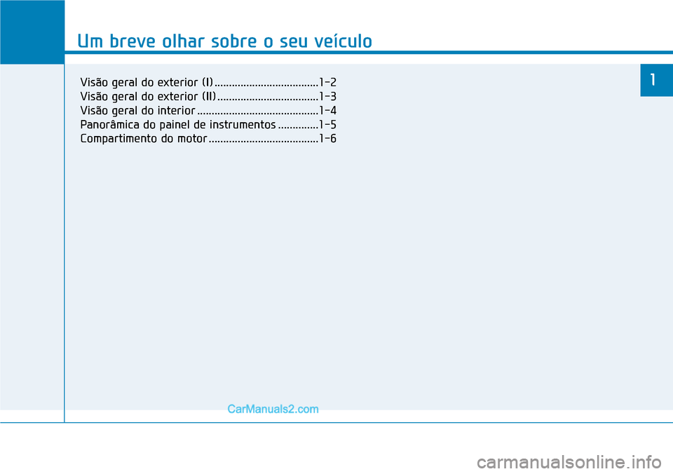 Hyundai Kona 2018  Manual do proprietário (in Portuguese) Um breve olhar sobre o seu veículo
1
Um breve olhar sobre o seu veículo
1Visão geral do exterior (I) ....................................1-2 
Visão geral do exterior (II) .........................