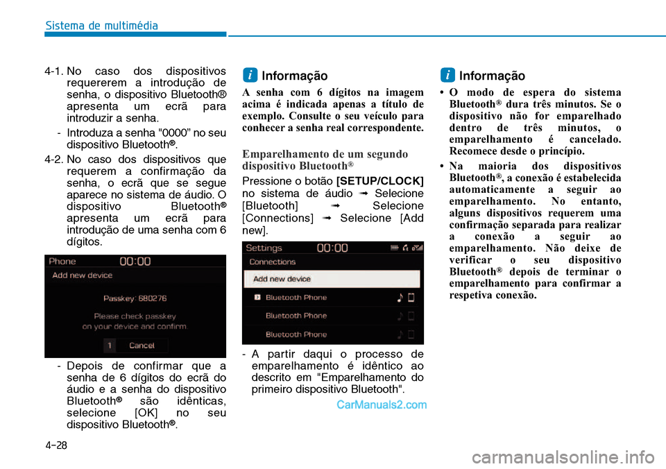 Hyundai Kona 2018  Manual do proprietário (in Portuguese) 4-28
Sistema de multimédia
4-1. No caso dos dispositivos
requererem a introduç